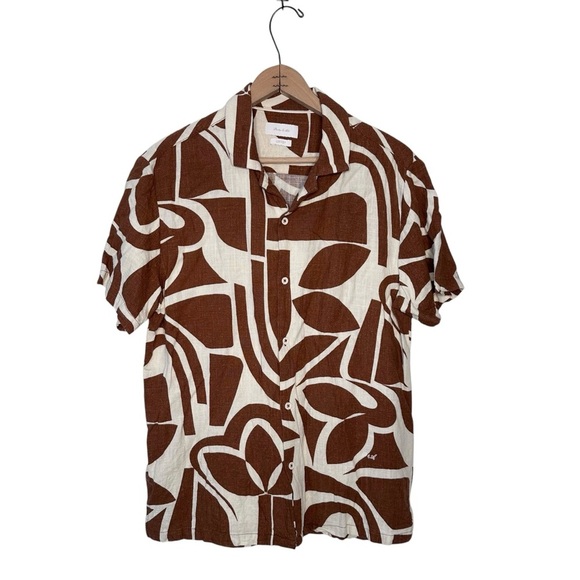 Porter & Ash Men’s Linen Geometric Casual Short Sleeve Button-Down Shirt - Picture 1 of 6